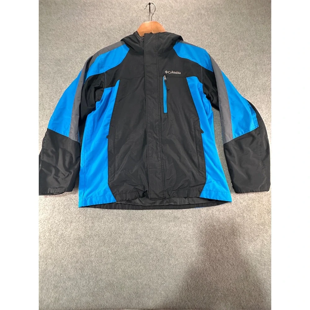 Columbia Interchange Jacket Mens Large 14/16 Black Blue Hooded Colorblock Shell